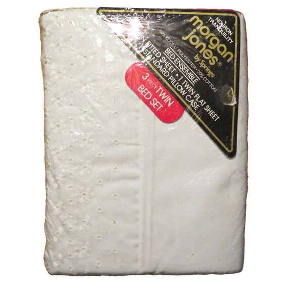 Vintage MORGAN JONES By Springs White Eyelet 3 Piece TWIN Bed Set New Sealed - Picture 1 of 6